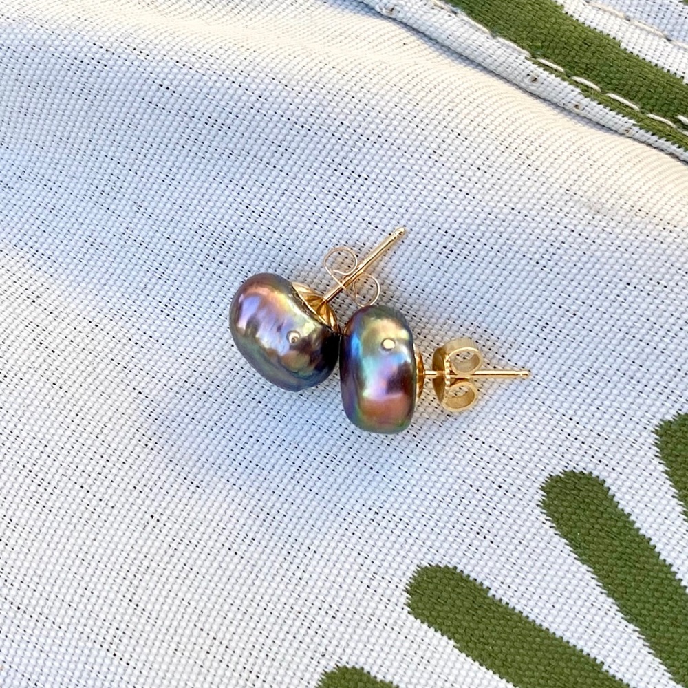 SOLID 14k Gold Black Peacock Baroque Pearl Studs